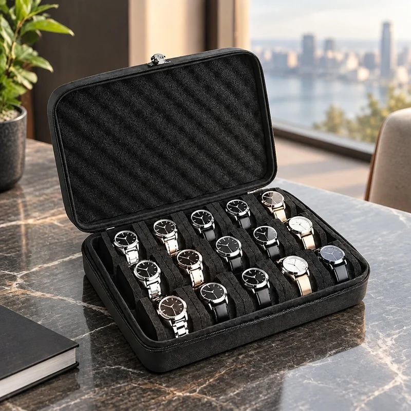 Travel-Friendly Watch Storage Box with 15 Compartments and Durable Protective Shell for Home or On-the-Go