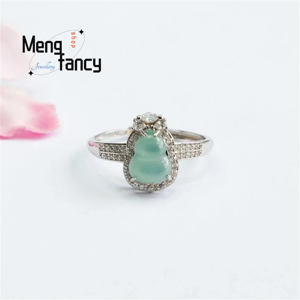 

S925 Silver Lnlaid Natural Jadeite Ice Blue Water Gourd Ring Exquisite Elegant Simple High-grade Couple Luxury Quality Jewelry