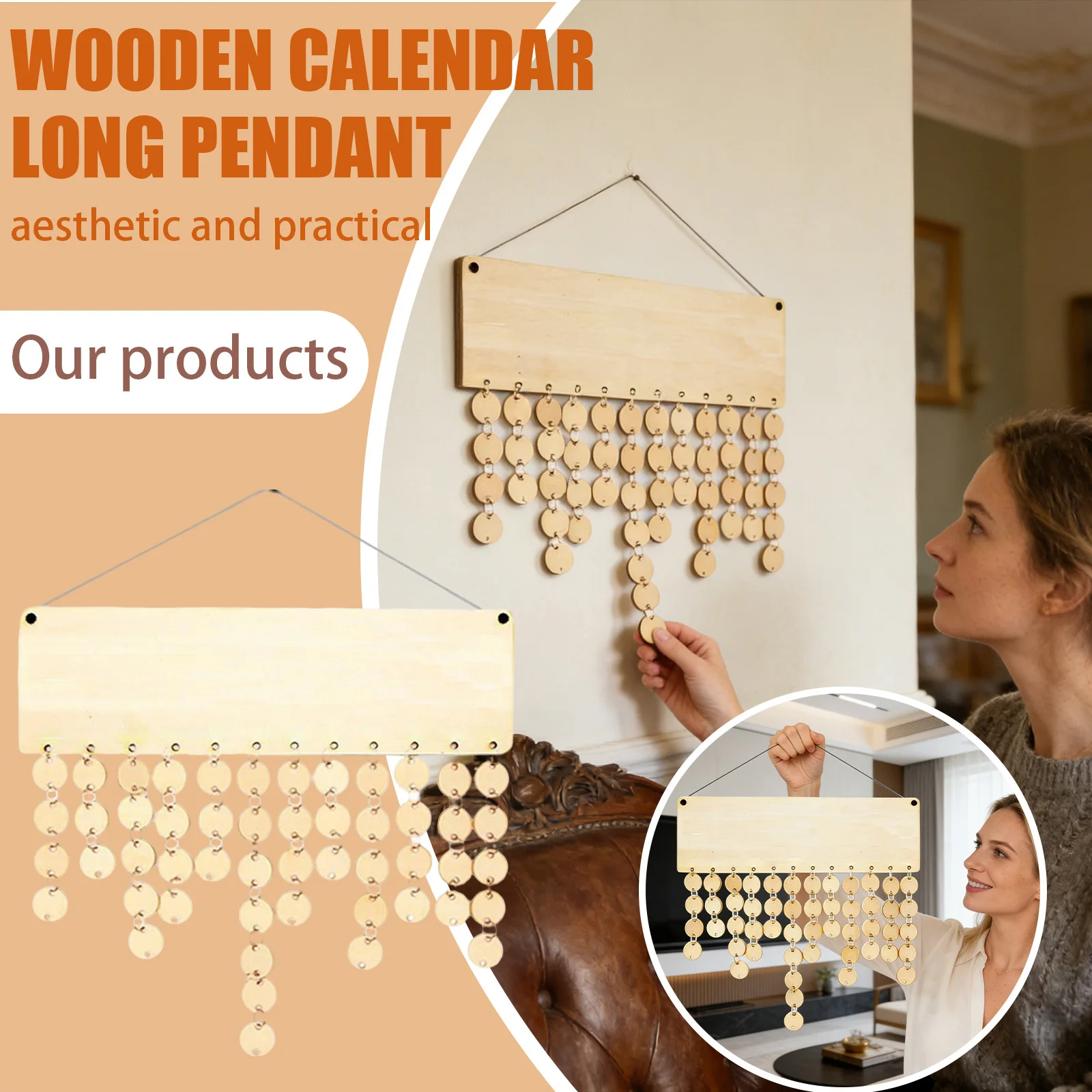Trendy Natural Wood Blank Calendar Functional Hanging Long Pendant Decor Minimalist Aesthetic Practical Home Accent