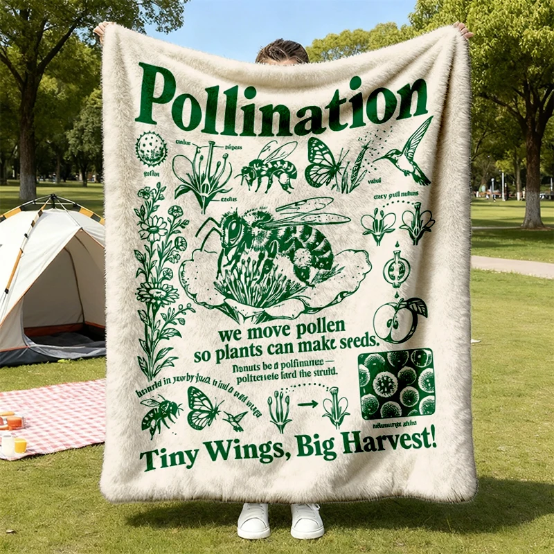 Vintage Pollination Flannel Blanket, Bee Butterfly Biology Flannel Throw