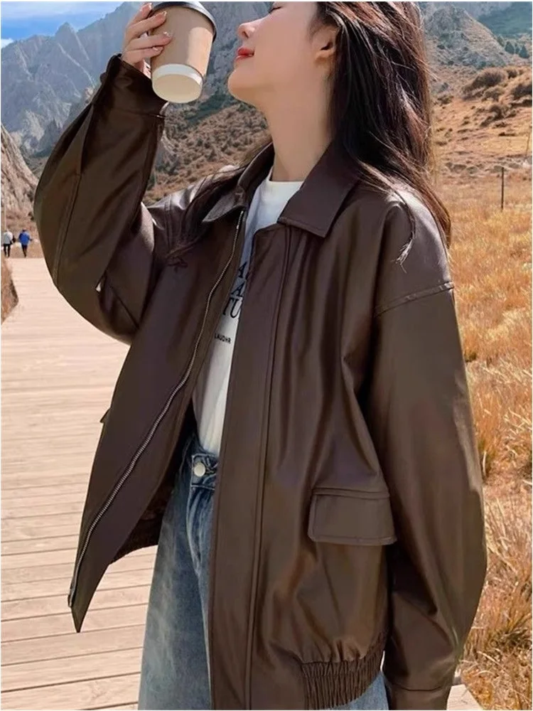 

Brown Leather Jaet Women's Spring Autumn Winter Vintage High-End Feeling Motorcycle Jaet Small Size Ultra ular