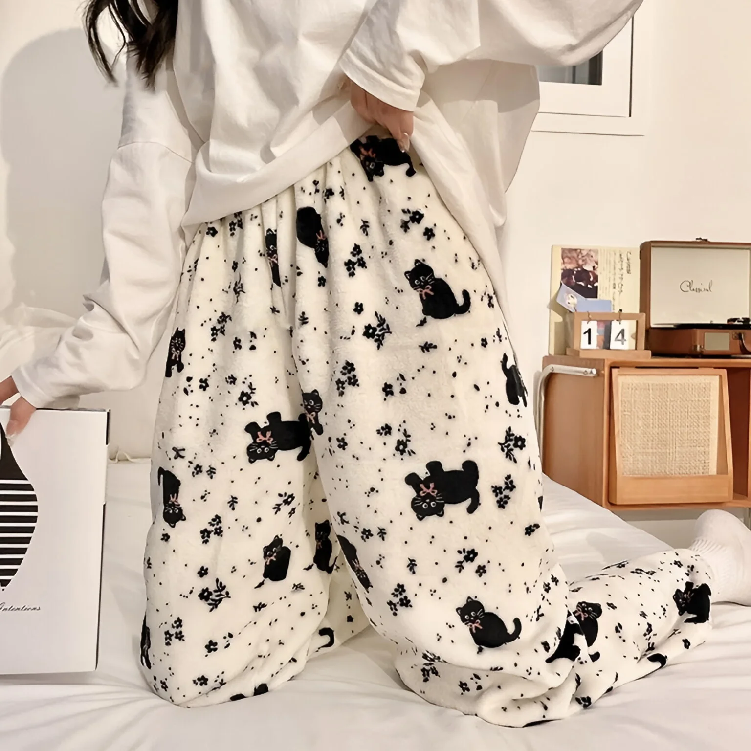 Black Cat Cartoon Pajamas Pants Kawaii Christmas PJS Korean Women Winter Warm Fluffy Flannel Sleepwear Girls Cute PJ Pants