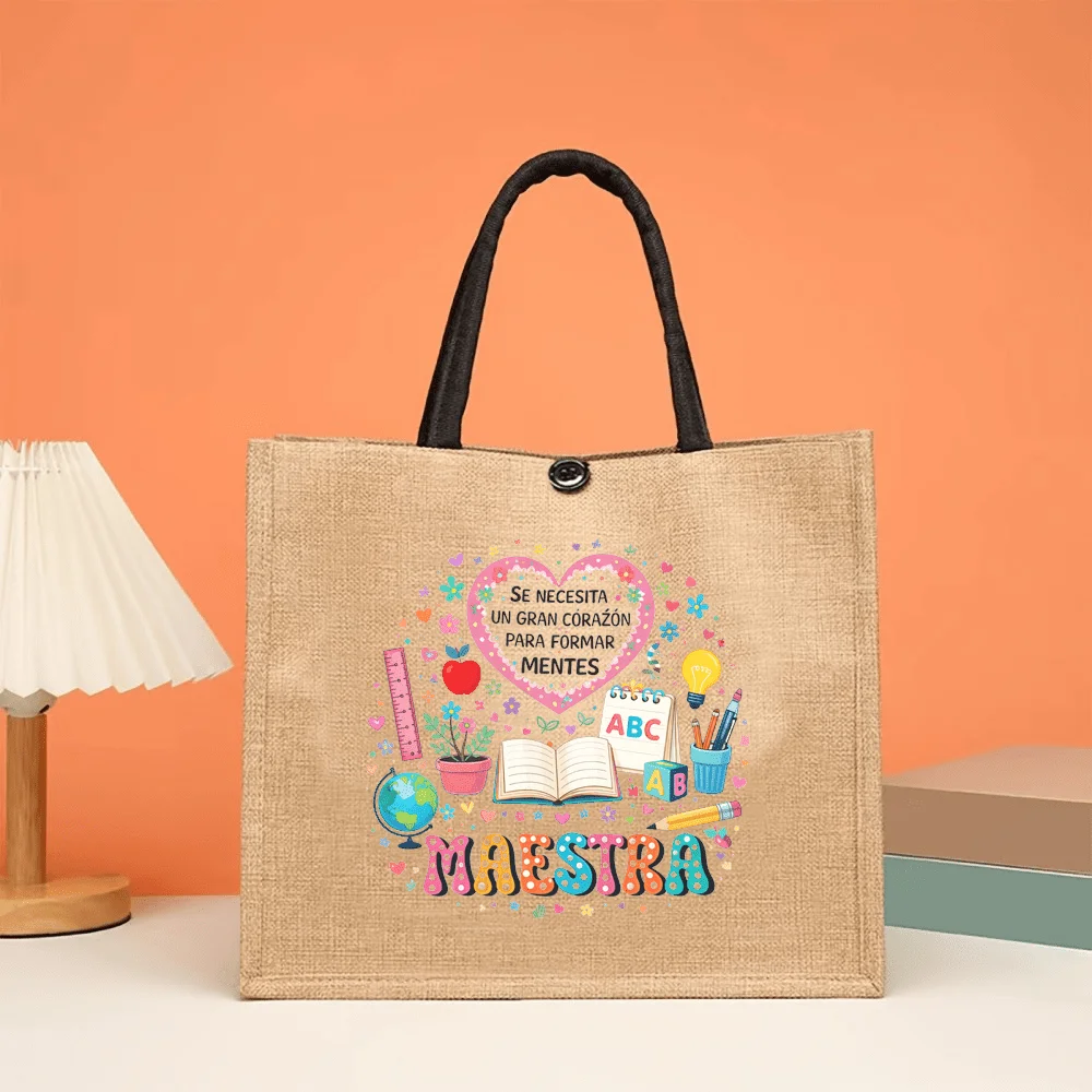 

Maestra Printed Linen Tote Bag Heart, Globe, Book, And Pencil Design, Cute and Educational Women's Tote Shopping Shoulder Bag,