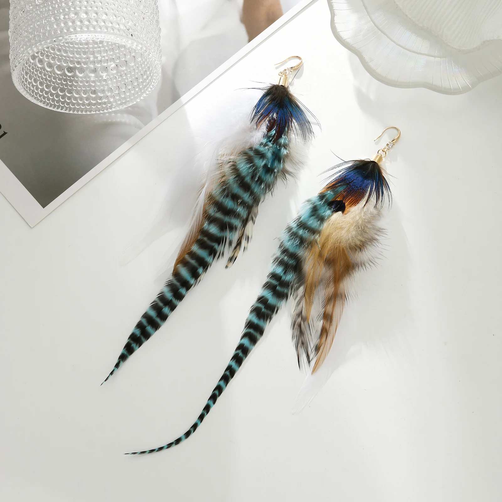 lureme Boho Multicolor Pheasant Peacock Feathers Dangle Earrings for Women Girls Big Drop Earrings(er006406-6)