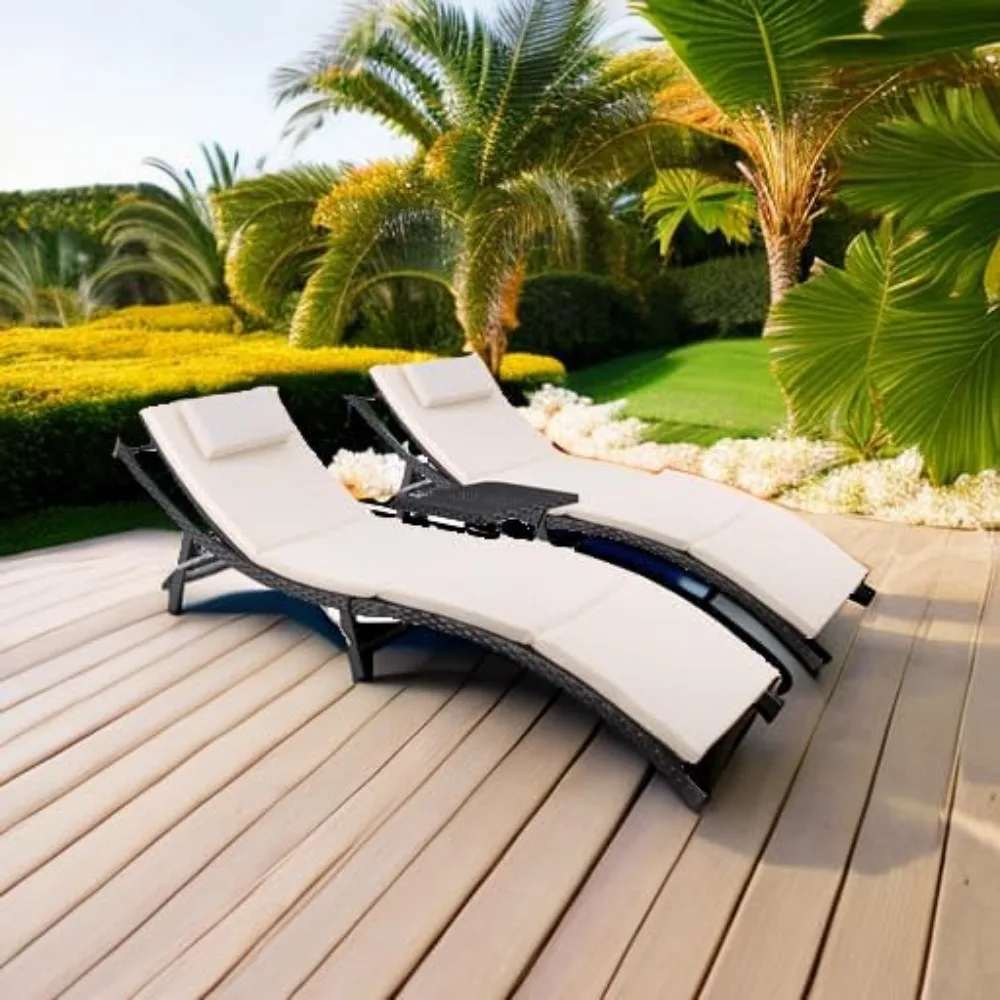 

Patio Chaise Lounge Sets Outdoor Rattan Adjustable Back 3 Pieces Cushioned Patio Folding Chaise Lounge with Folding Table