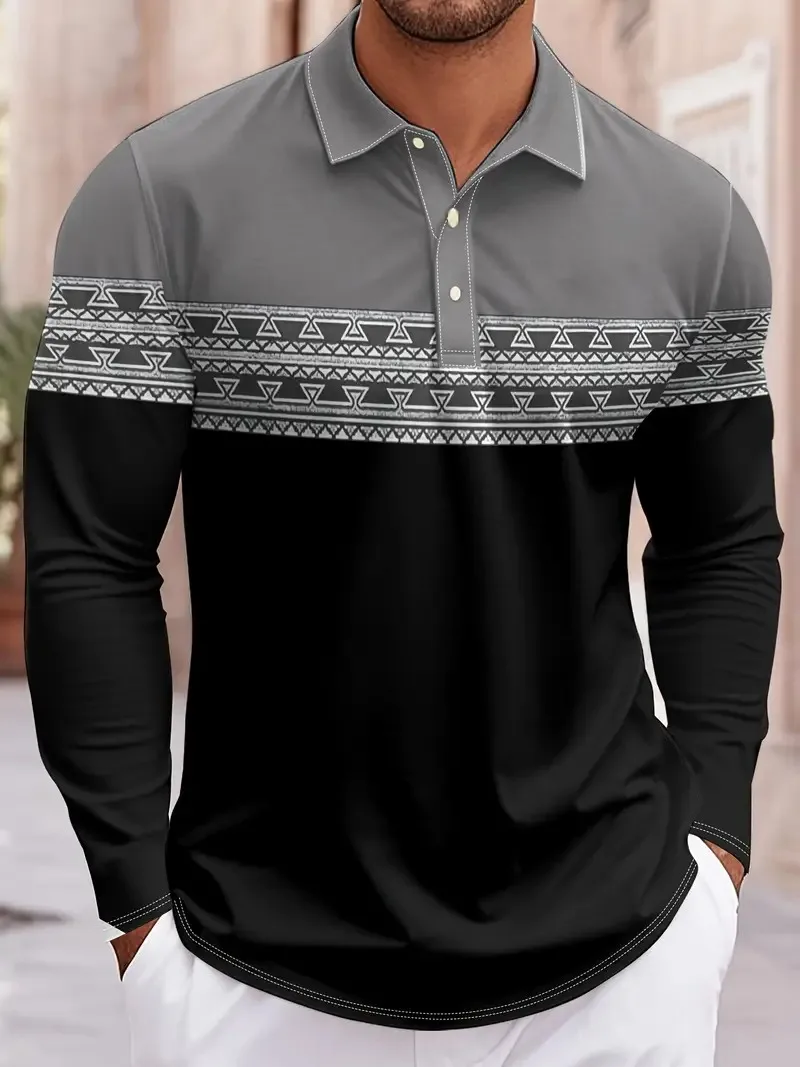 

Retro ethnic style striped pattern men's polo shirt fashion spring autumn long sleeved polo shirt street Harajuku men's clothing