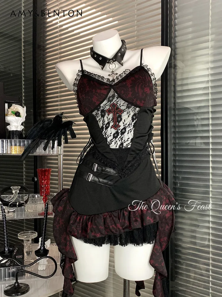 

2026 Summer New Dark Gothic Red Camisole Sheer Mesh Irregular Mini Skirt with Neck Ring Y2K Streetwear for Women