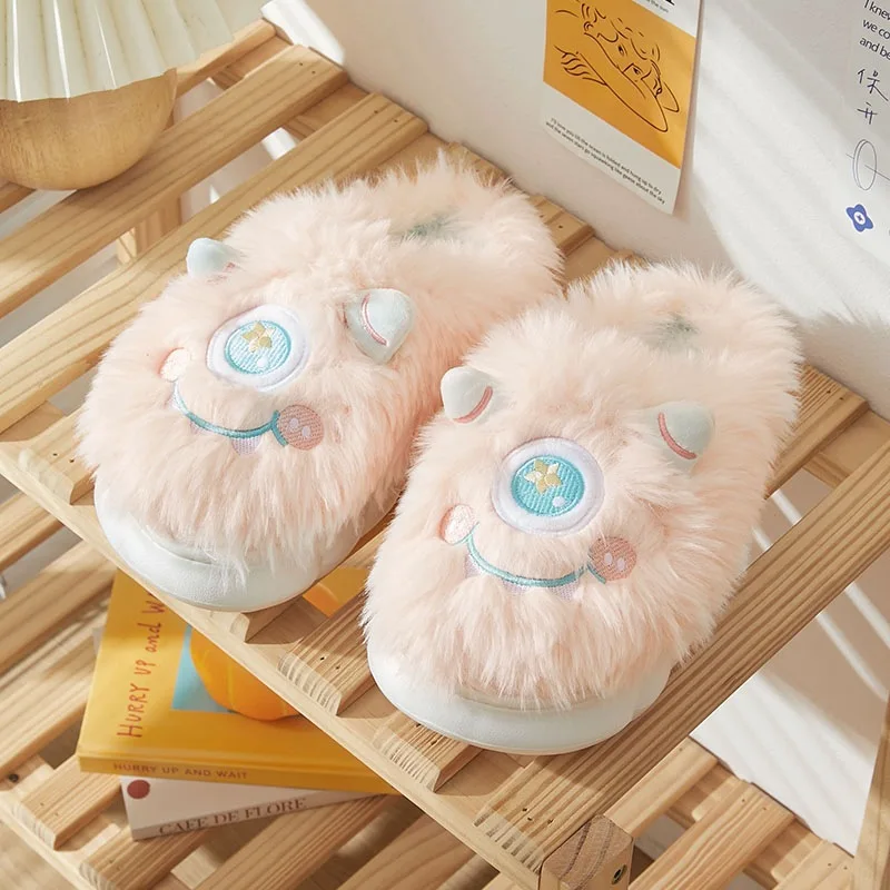 Bebealy Cute Cartoon Plush Slippers For Women Fluffy Winter Furry Animal Home Slippers Indoor Fuzzy Couple Casual Cotton Slipper