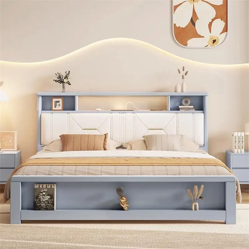 Modern simple white solid wood bed cream soft night light waterproof soft bag embedded charging bedroom storage soft bed