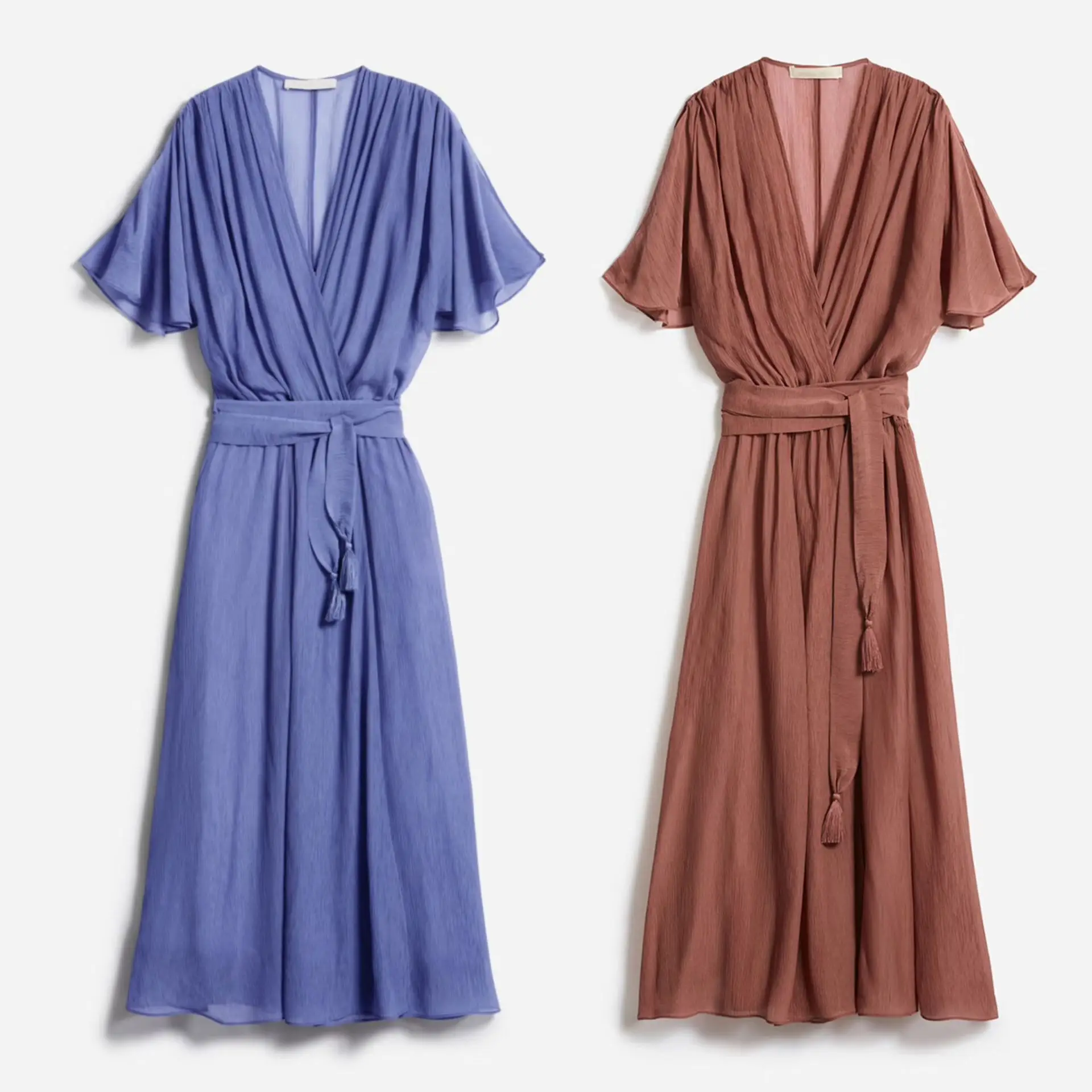 Rytm Przepływu · Elegancka i Odświeżająca Jedwabista Gładka Krepa Sukienka Grecka z Dekoltem w Serek i Krótkim Rękawem