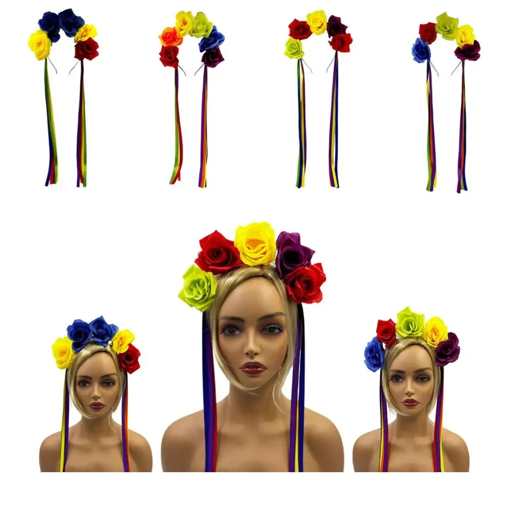

Cute Rainbow Flower Crown Headband Artificial Flowers Colorful Rainbow Rose Hair Hoop Elegant Fabric Art