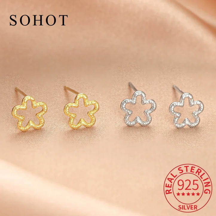 Real 925 Sterling Silver Hollow Flower Cute Stud Earrings for Women Customized Plant Fine Jewelry Minimalist Accessories