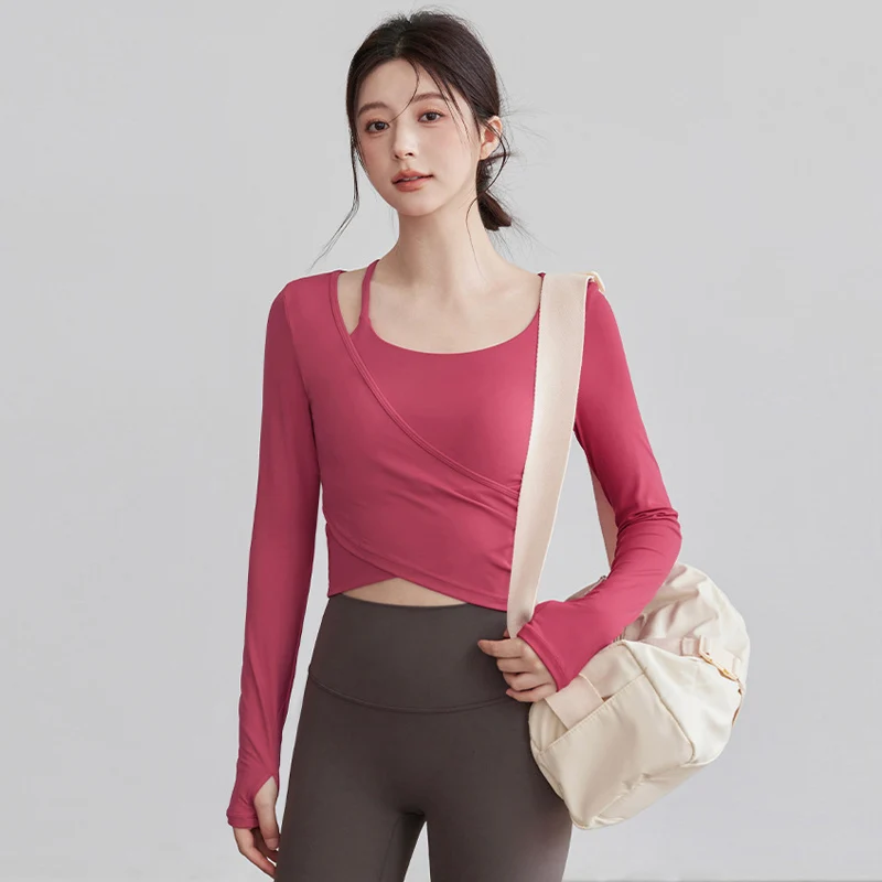 Gym Long-sleeved Yoga Clothes with Chest Pads for Women Autumn High-looking Running Sports Tops Pilates Fitness T-shirts Clothes