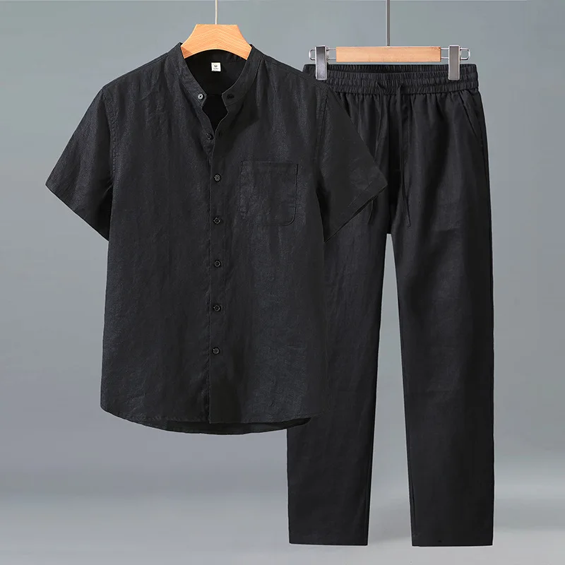 

Men's Linen irt ort Sve Summer Thin Chinese Sle Casual Set Lightweight Breathable Polyester Fabric Long Pants