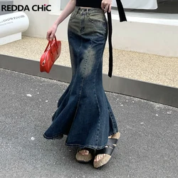 REDDACHIC-Jupe Maxi en Denim Bleu Rétro pour Fille, Jupe Sirène, Robe de Soirée Sexy, Bas en Jean Long en Queue de Poisson, Vêtements Y2k