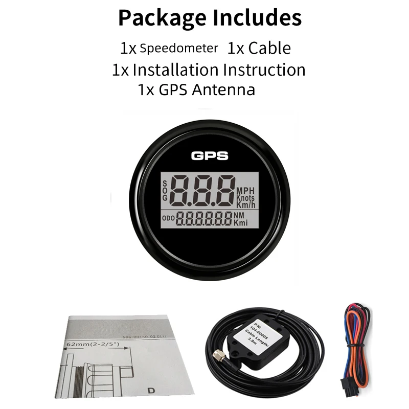 Auto 52mm Gauges Sog 0-999Km/H Knots Mph Show GPS Speedometers Black Speed Mileometers with 8 Kinds Backlight and GPS Antenna