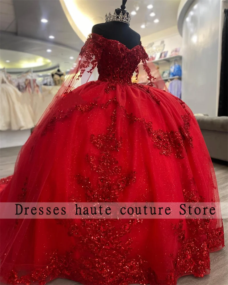 Red Cape Sleeve Ruffels Sequined Lace Applique Quincenara Dresses Puffy Quinceañera Dresses Ball Gowns vestido de 15 años