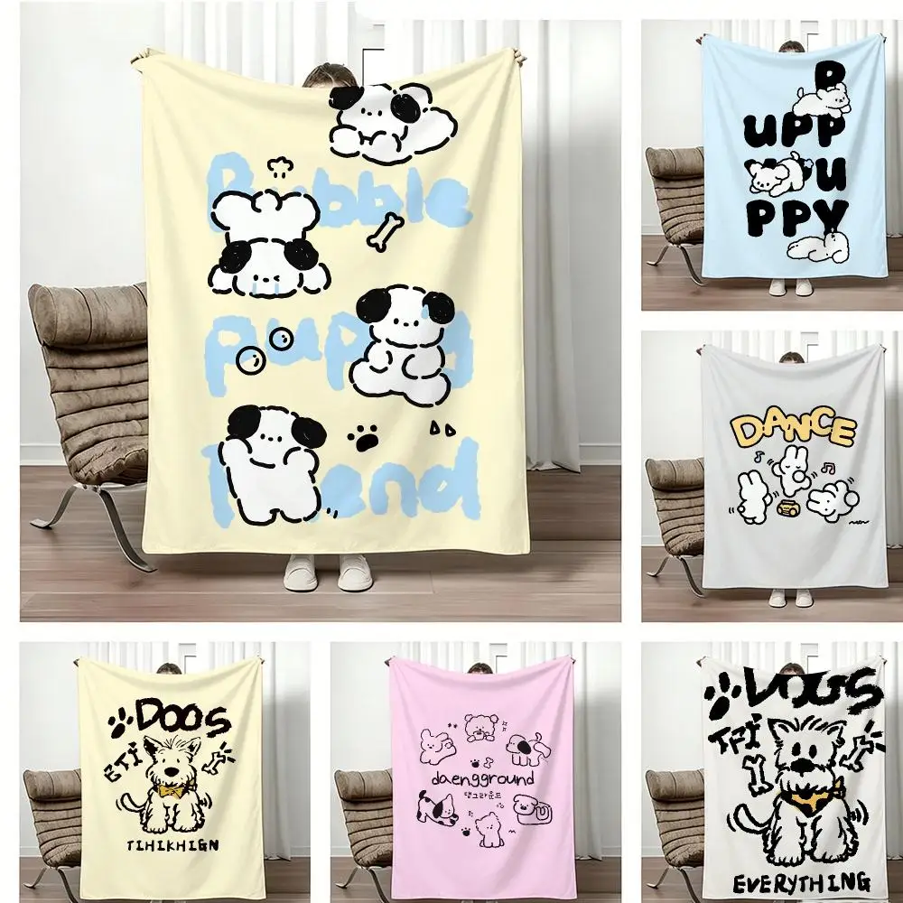 Line Drawing Cartoon Dog Throw Lightweight 240g Flannel Blanket Soft Skin-friendly for Summer Cooling