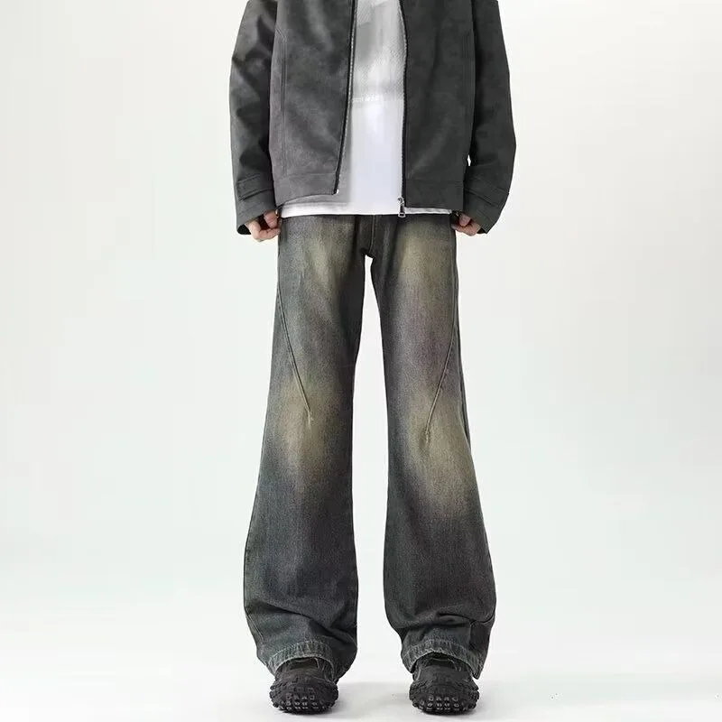 

Washed Distressed Micro-flared Extended Jeans Men American High Street Loose Retro Trendy Trousers