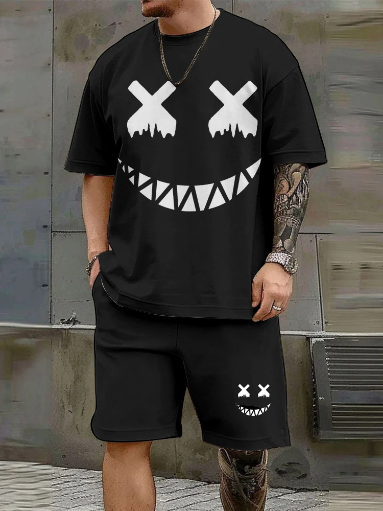 Outdoor Casual Men's Round Neck, Short Sleeves And Shorts Set Fashionable Trend Of The Devil Smiley Face Print Two-piece Suit