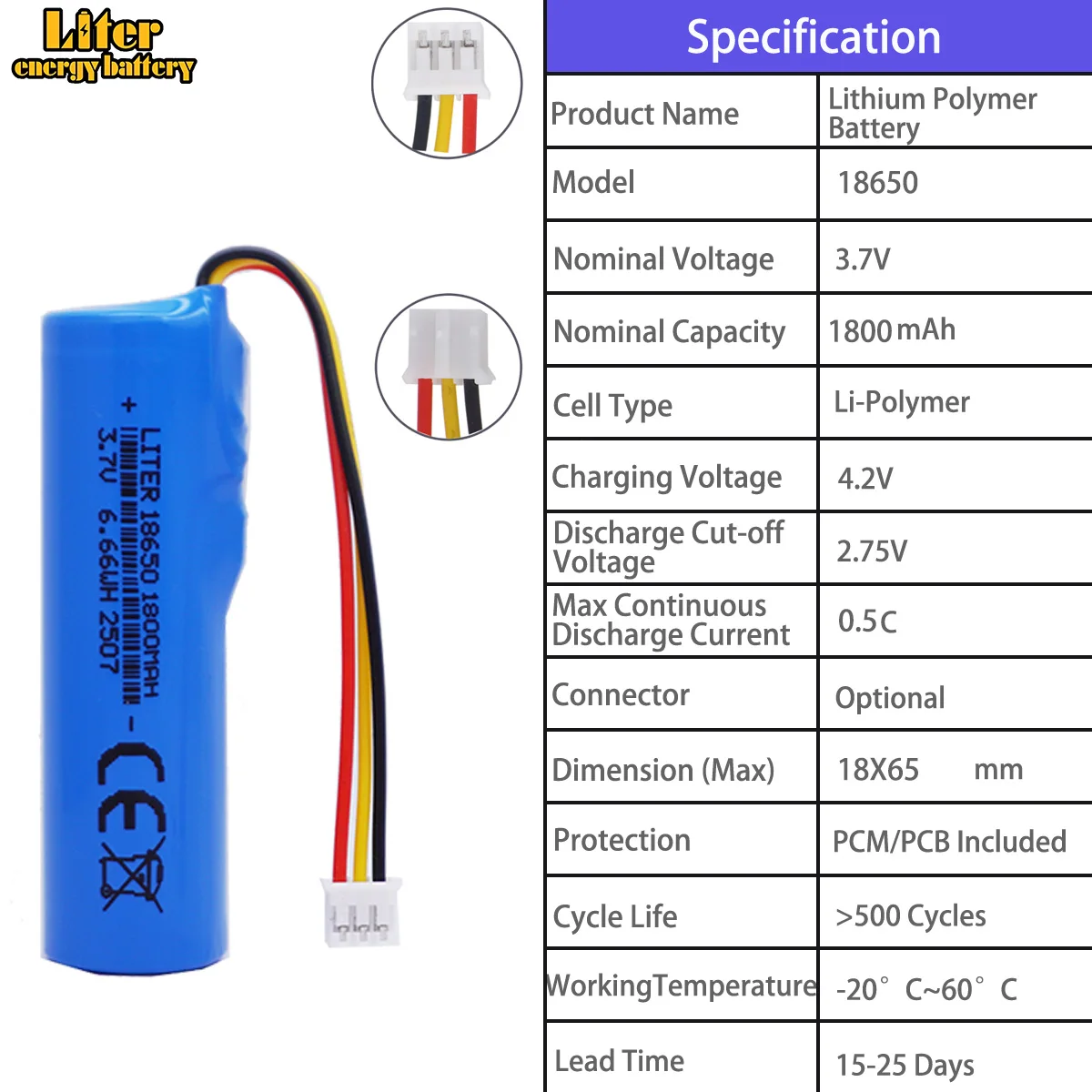 18650 1800mah 2.0Black, Yellow, Red  3.7V polymer battery - universal charging battery for speakers / toys / recorders