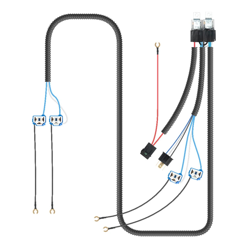 14AWG H4 4656 negative-switched headlight system relay wiring harness for Ford Mustang F-100 F-250 F-350 Dodge Charger Chrysler