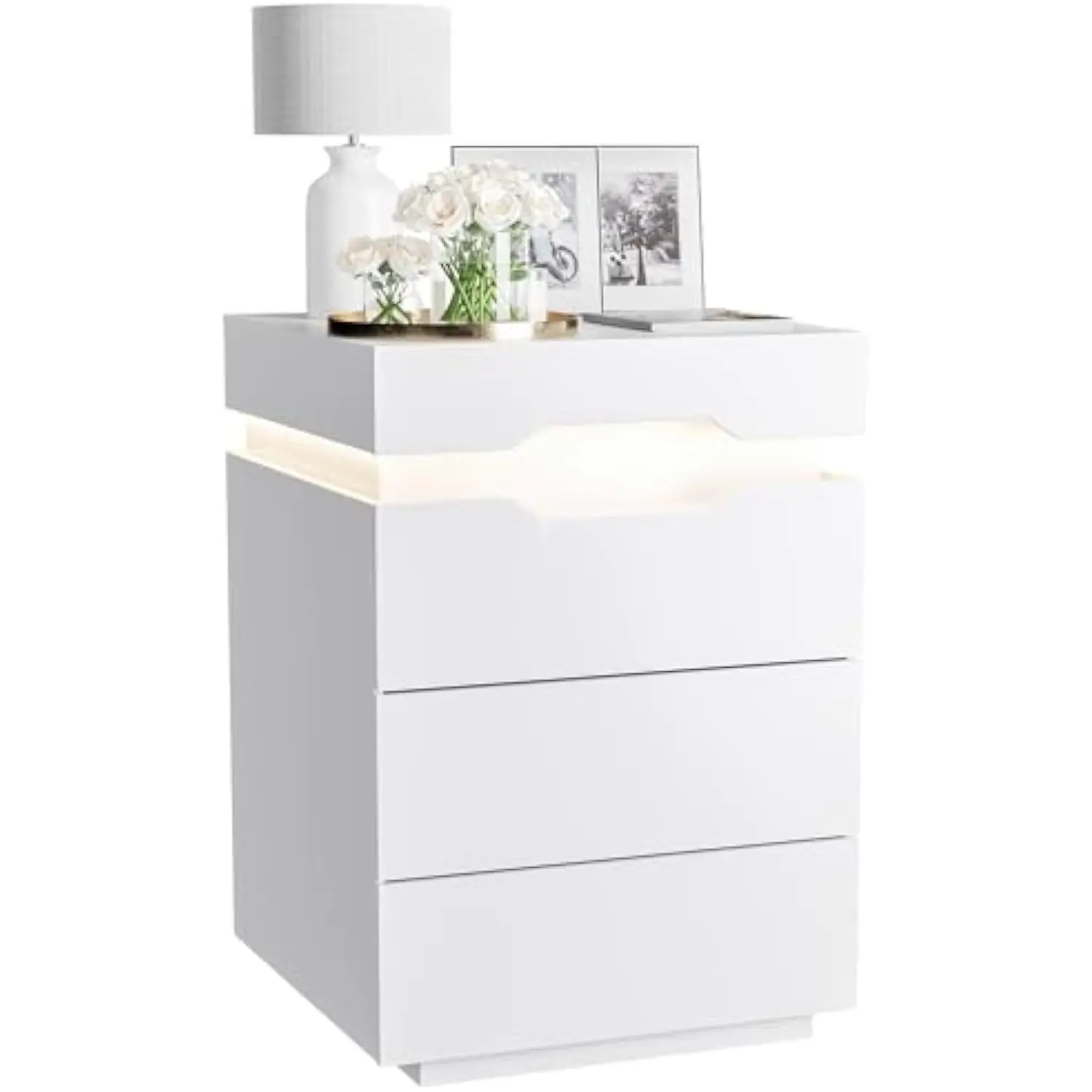 

Nightstand with Led Light and Charging Station, Endtable with 3 Drawers, Bedside Table with Large Capacity, for Bedroom, 27.5