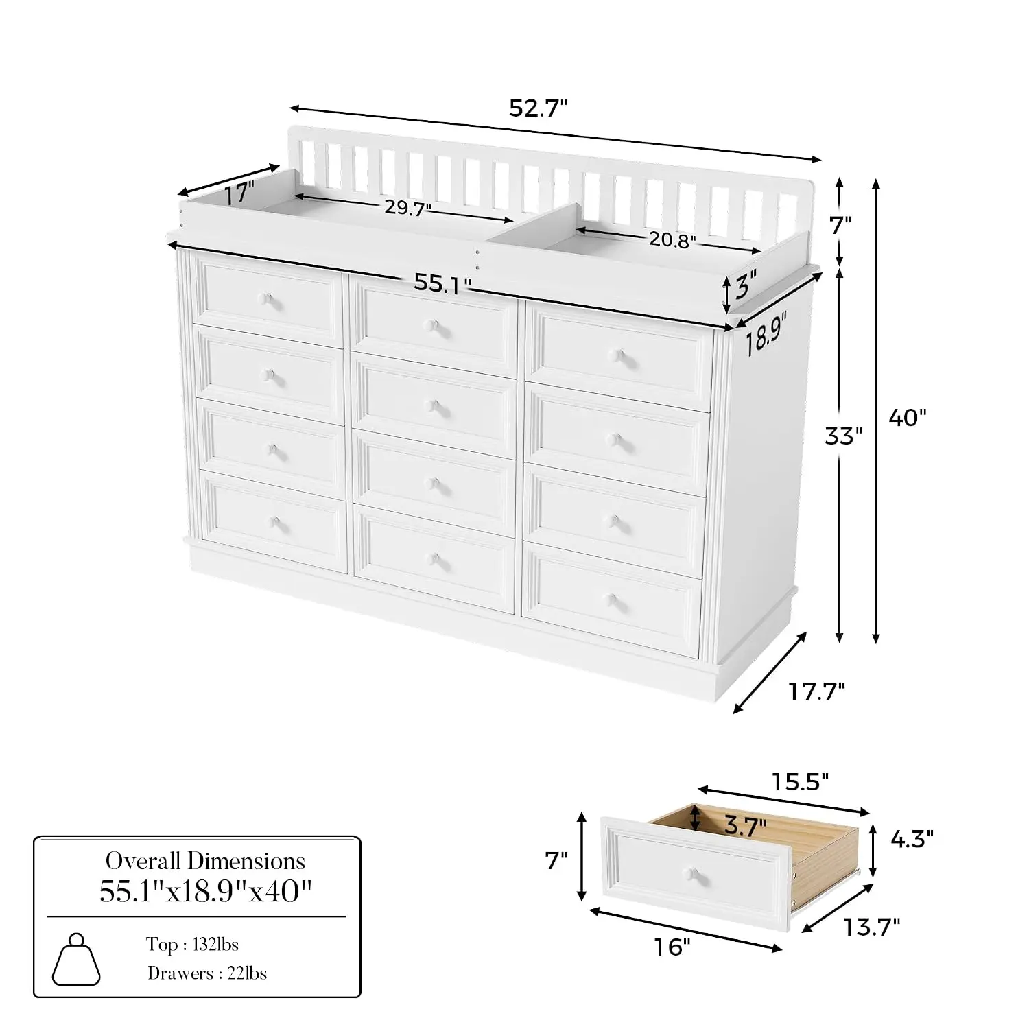 Baby Changing Table Dresser, 100% Solid Wood Infant Diaper Changing Station Combo, 12-Drawer Baby Nursery Dresser, Customized