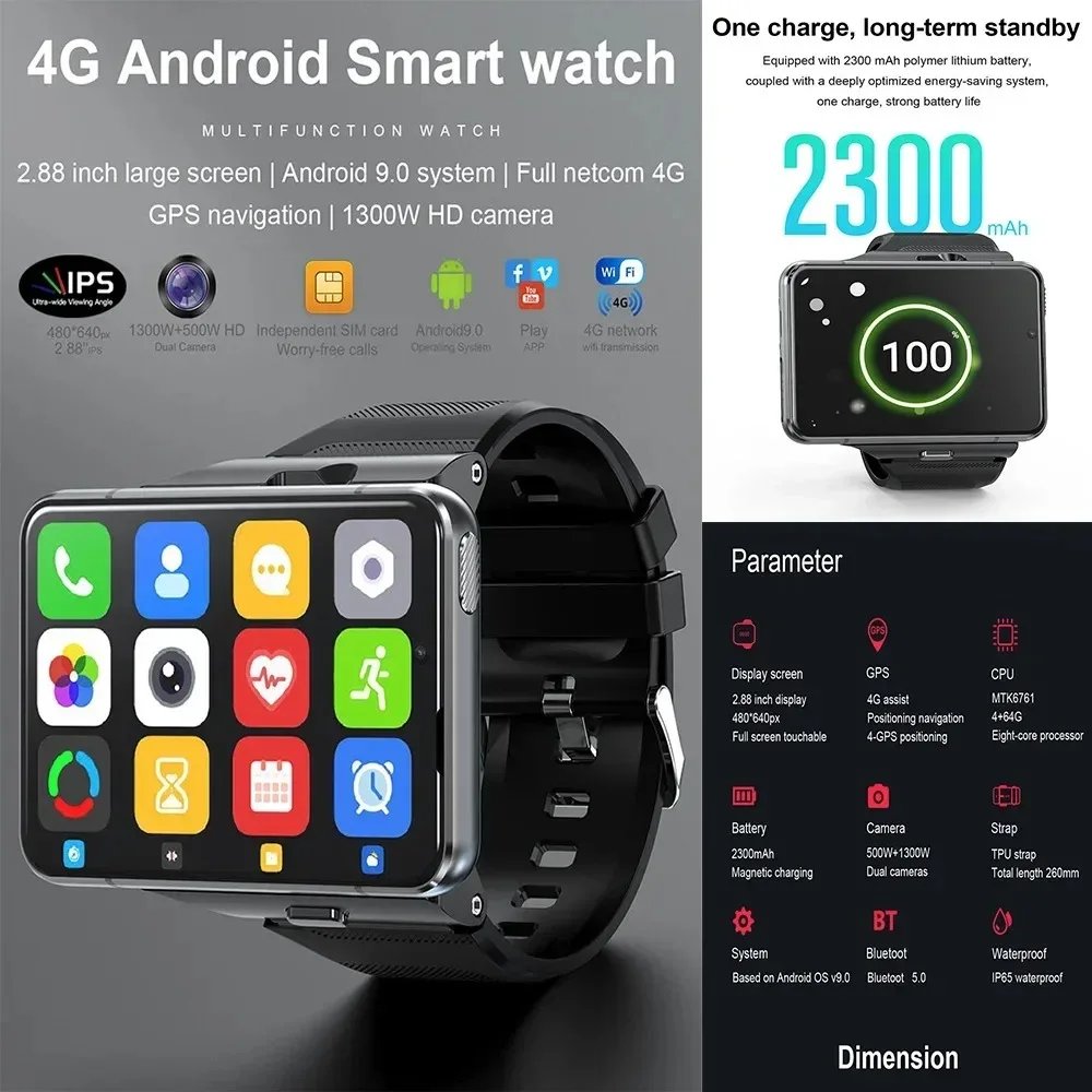 UNIWA-reloj inteligente DM200 4G LTE, 4GB de RAM + 64GB de ROM, Android 9, con SIM, + 13MP 5MP, pantalla táctil grande de 2,88 pulgadas, Sensor de ritmo cardíaco