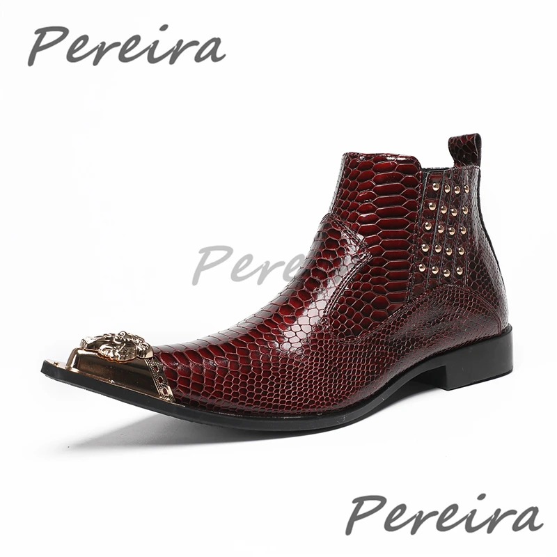 Men's Metal Buckle Iron Toe Ankle Boots Trendy Retro Snake Pattern Low Heel Chelsea Boots Rivet Design Party Banquet Dress Shoes