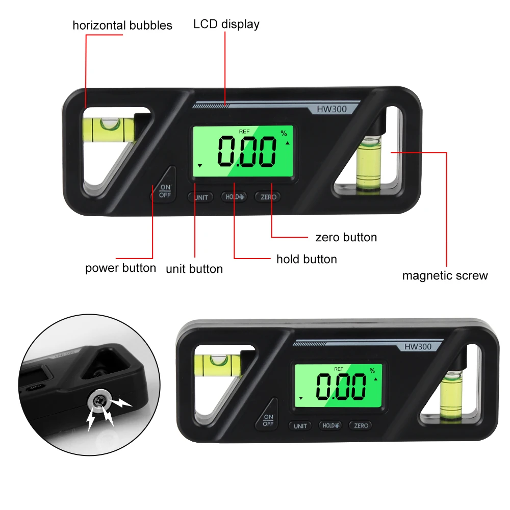 Skrzynka pozioma inklinometr cyfrowy kątownika do pomiaru kąta poziomego z magnetycznym podświetlacz wyświetlacza LCD HW300