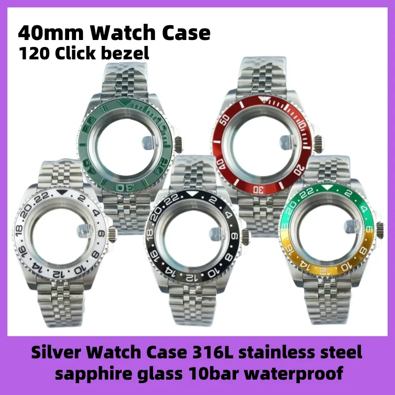 40mm Silver Watch Case 316L Stainless steel sapphire Glass waterproof 120 Click bezel NH3 Series 34 35 36 Movement Jubilee strap