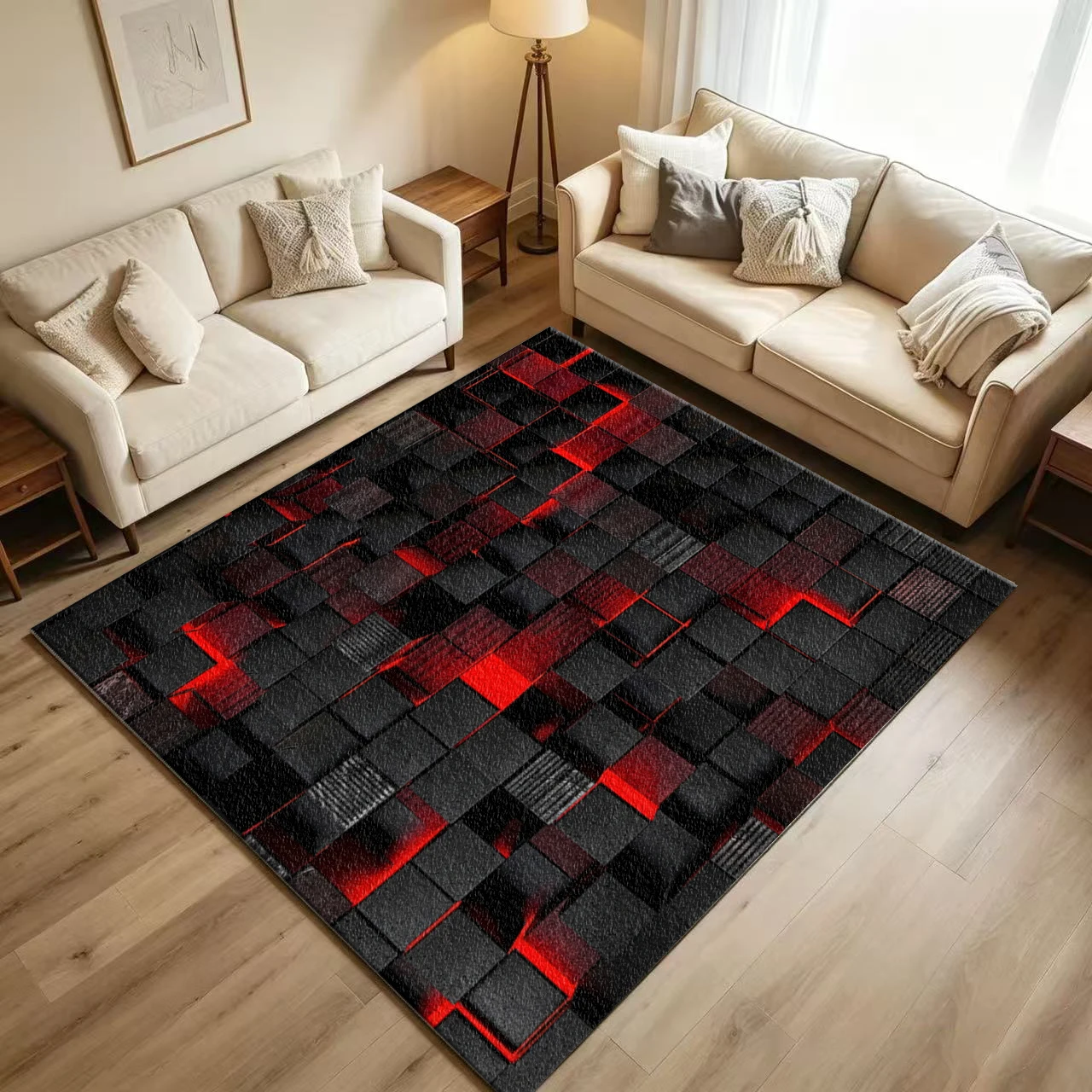 Black Red 3D Cube Geometric Carpet Flooring Industrial Style Large Area Rug for Living Room Household Floor Decor
