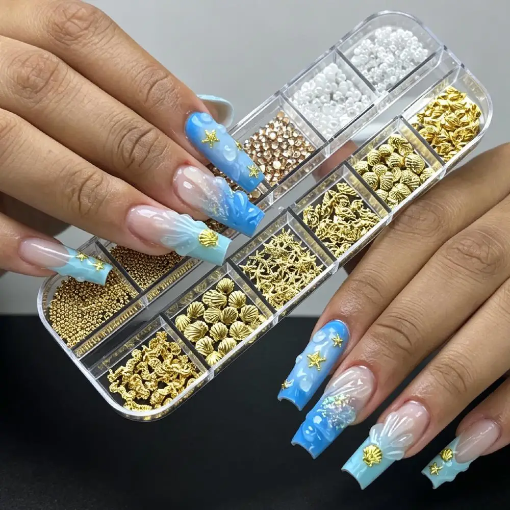 12Grids 3D Gold Summer Marine Nail Art Charms Mixed Starfish Shell Seahorse Pearl Bead Nails Decorations DIY Beach Manicure Part