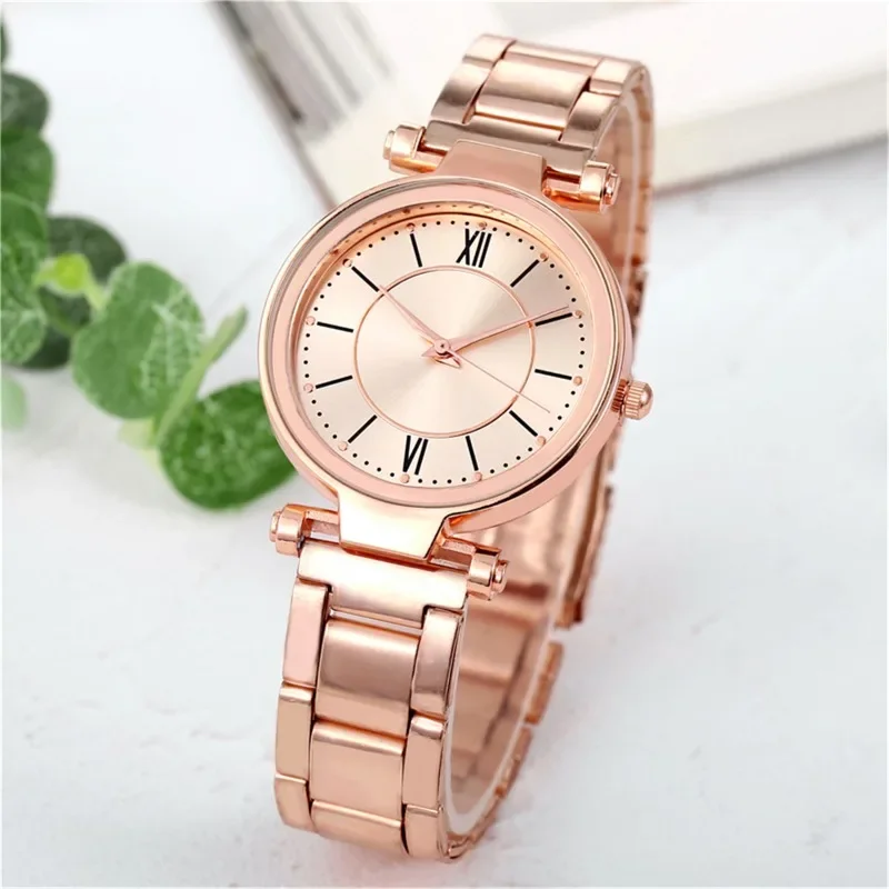 Relógios de aço inoxidável de ouro rosa para mulheres, Classic Round Dial Quartz Watch, Relógios de pulso femininos, Jóias de pulso