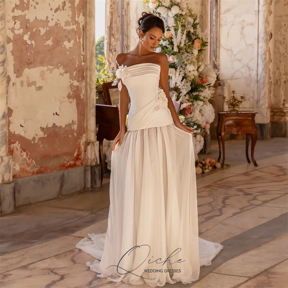 

QICHE современное шифоновое свадебное платье трапециевидной формы с цветами и складками без рукавов на шнуровке без бретелек свадебное платье Vestidos De Novia по индивидуальному заказу