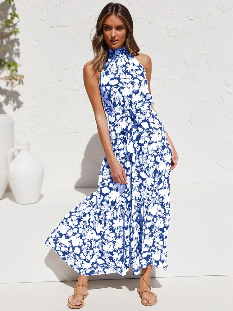 Vestido longo de verão, bolinhas, vestidos casuais, preto, sexy, halter, sem alças, novo, 2022, amarelo, roupas de férias para mulheres