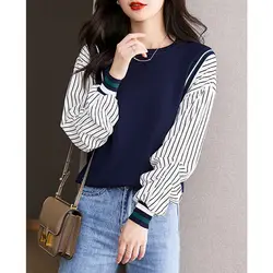 Fake Two Pieces Long Sleeve Patchwork Blouse Spring Autumn Long Sleeve Loose Vintage Shirt Tops Fashion Elegant Women Clothing