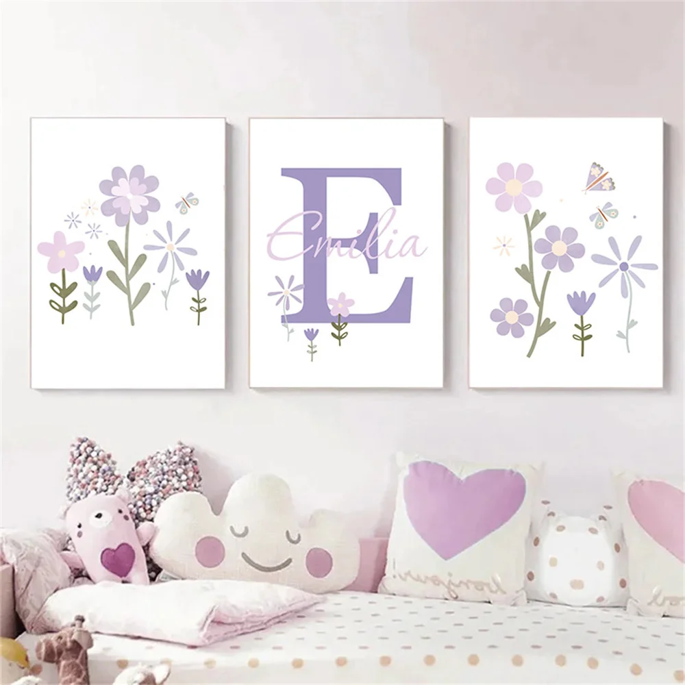 Baby Girl Name Custom Poster Purple Flower Canvas Art Painting Butterfly Print Nursery Wall Pictures Nordic Posters Home Decor