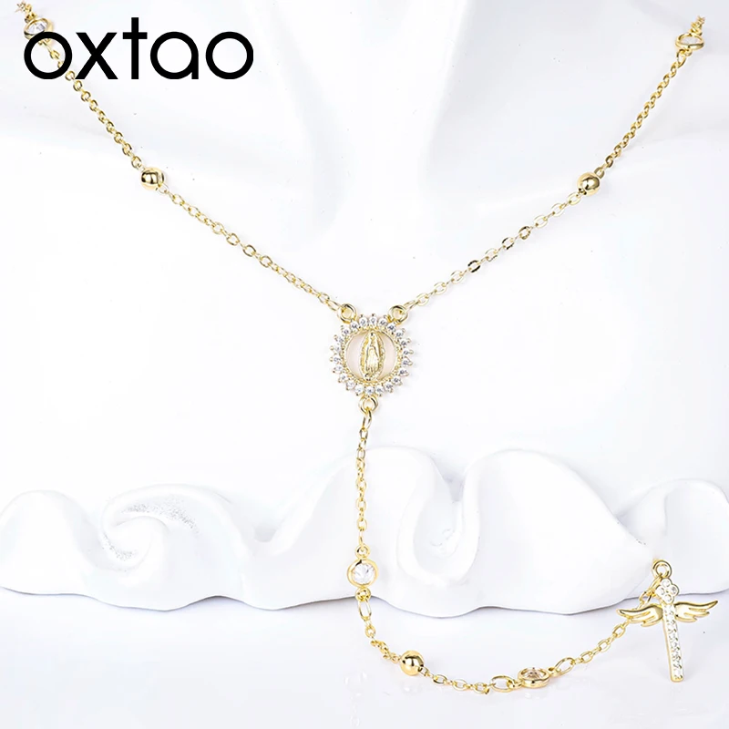 Ожерелье OXTAO с Y-образным кулоном-крестом из муассанита 3 мм D VVS1, подвеска-розарий с изображением Девы Марии, женское ювелирное украшение, подарок, покрытие из 14-каратного золота
