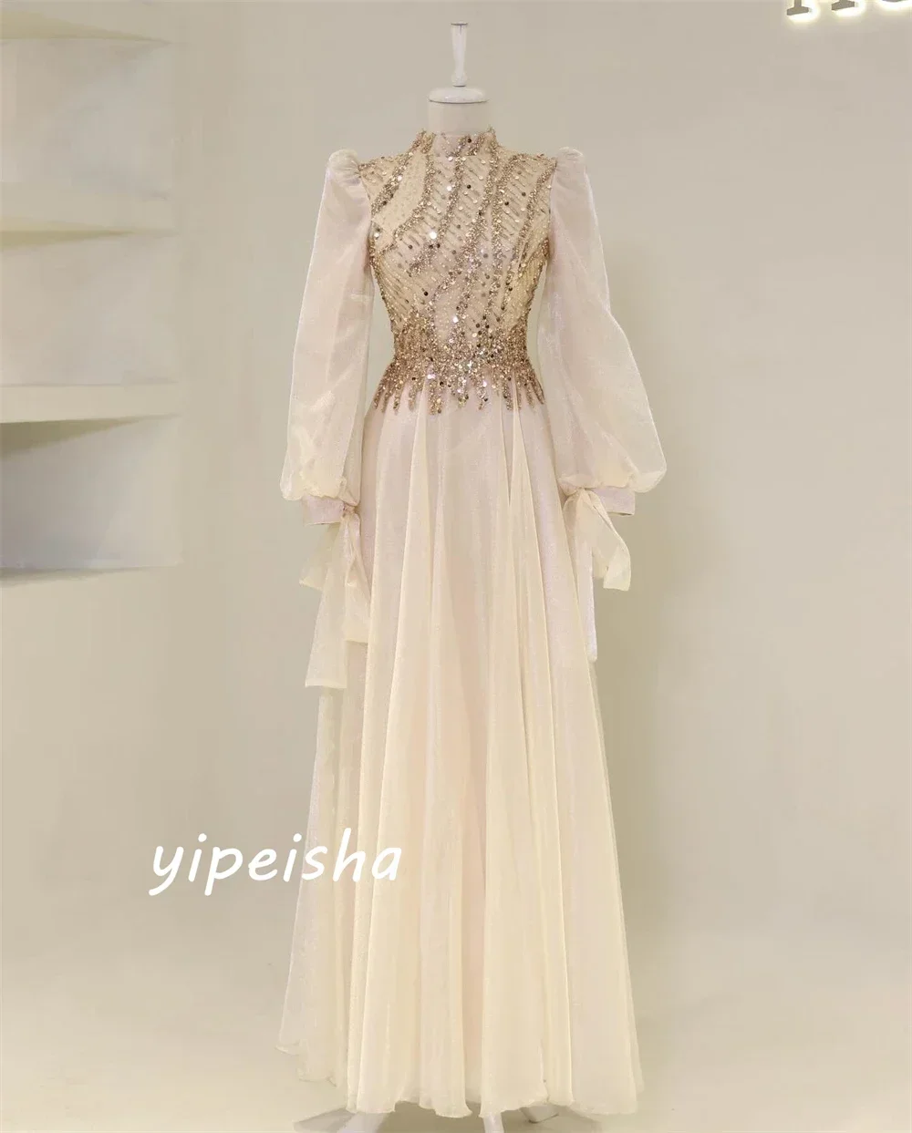 Customized Elegant And Shiny High Neck Organza Dress With Sequins, Luxurious Dress, Showcasing Aristocratic Style Nique Design,