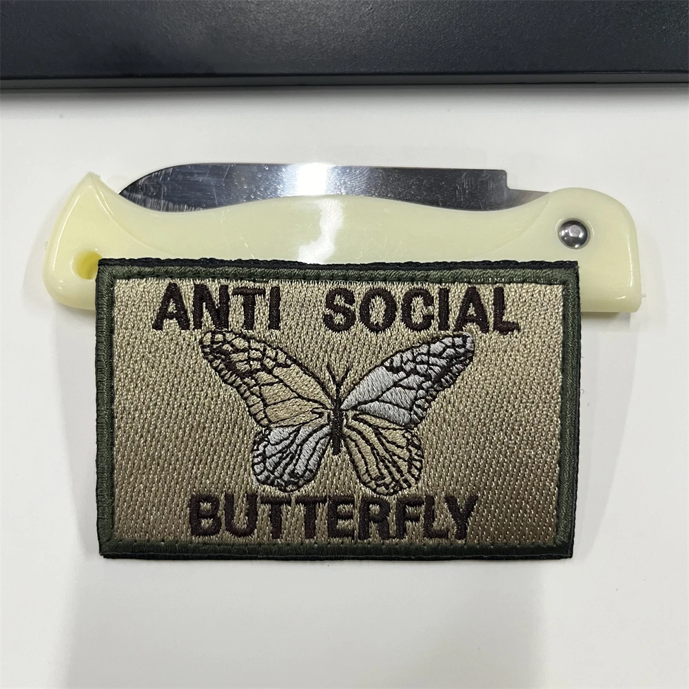 ANTI SOCIAL BUTTERFLY Morale Badge Butterfly Embroidery Hook and Loop Patches Tactical Armband Backpack Sticker