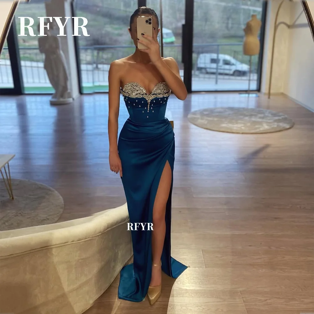 

RFYR Mermaid Evening Dresse Satin Prom Dress with High Slit Crystals فستان سهرة Party Dress Trumpet Vestidos De Noche Customized