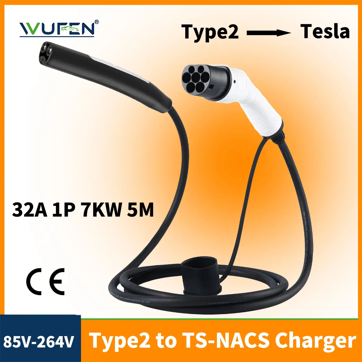 WUFEN Type 2 to Tesla EV Charger Cable 5M 1Phase 32A 7KW IEC62196 Type2 NACS Cable EV Charging Station for US Model 3 X S Y