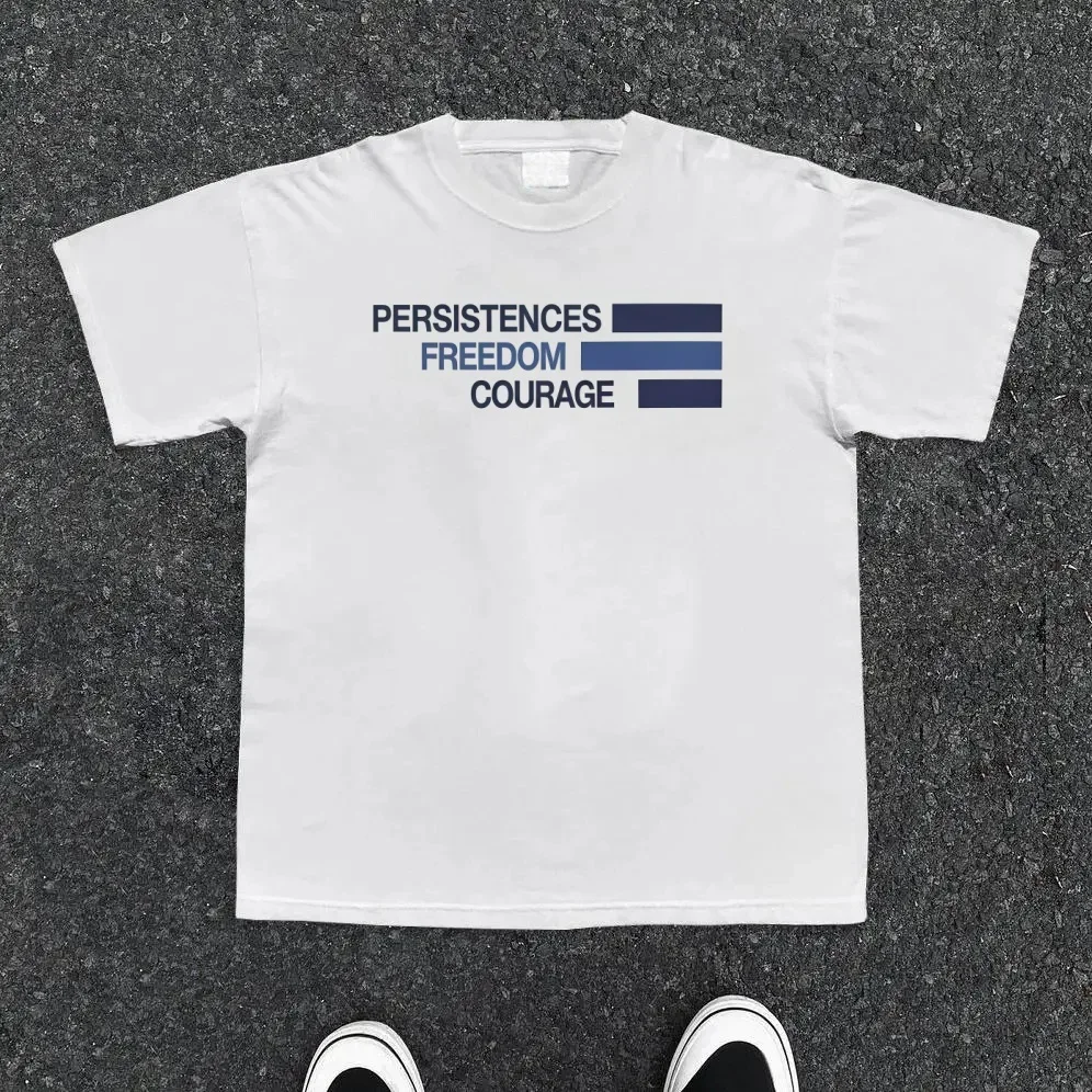 

Minimalist Style Letter Printed T-shirt with "PERSISTENCES/FREEDOM/COORAGE" Short Sleeved Top