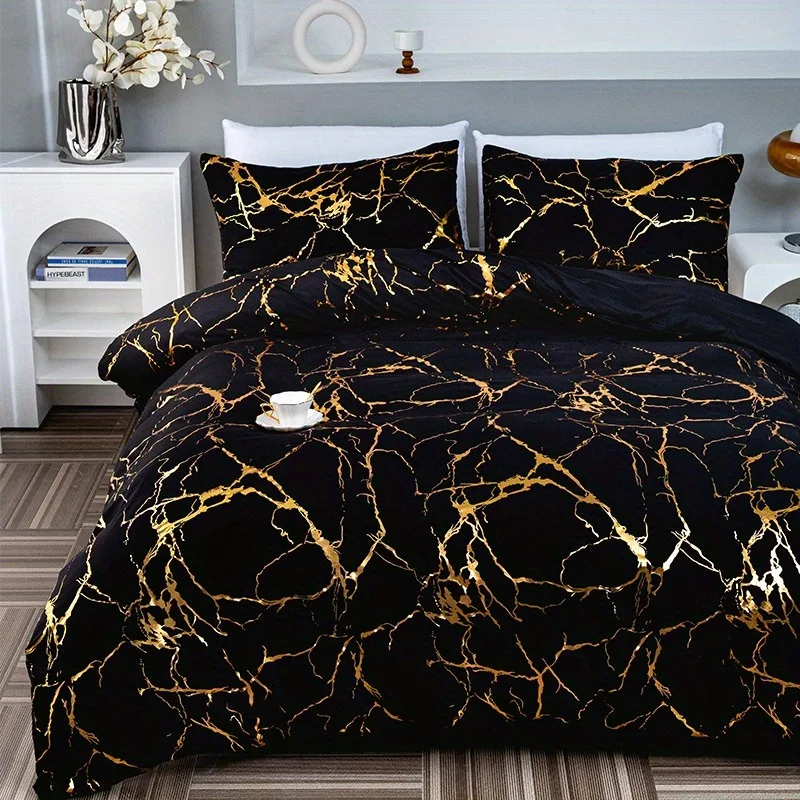 Gold Foil Marble Bedding Set 3/4pcs Luxury Metallic Veins Duvet Cover Pillowcase Modern Bedroom Bed Linen
