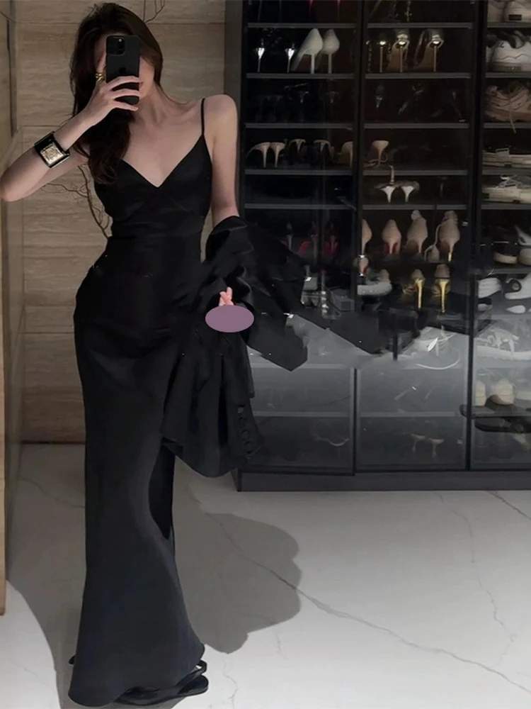 

Ретро-платье Ele Bla из атласа, сексуальное, с V-образным вырезом, без бретелек, для женщин, с завышенной талией, шелковистое, гладкое, летнее вечернее платье