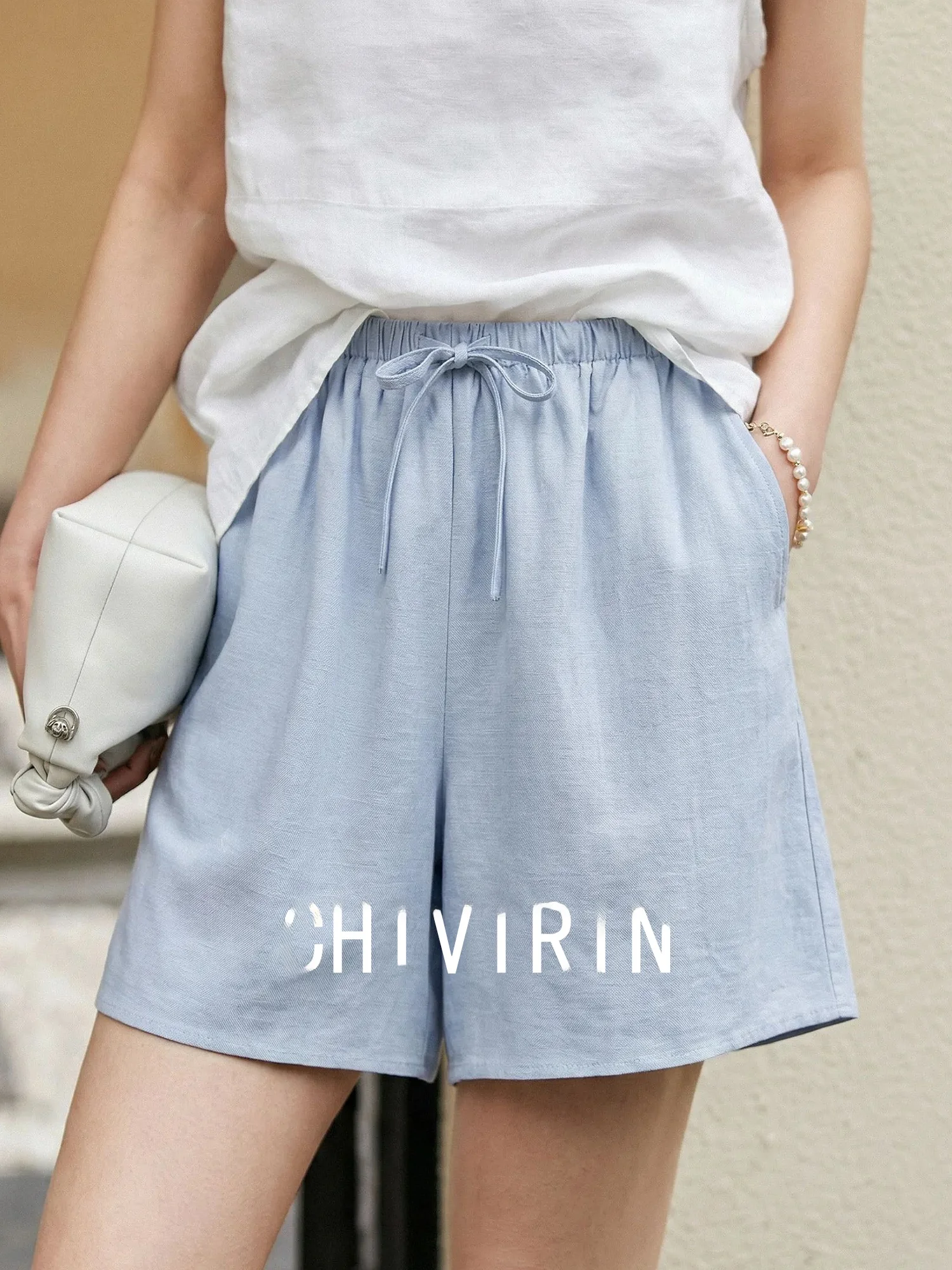 

Chivirin Casual Cotton Shorts Women's Loose Elastic Waist Drawstring Wide Leg Pants Summer New Fashion Straight Tube Pants