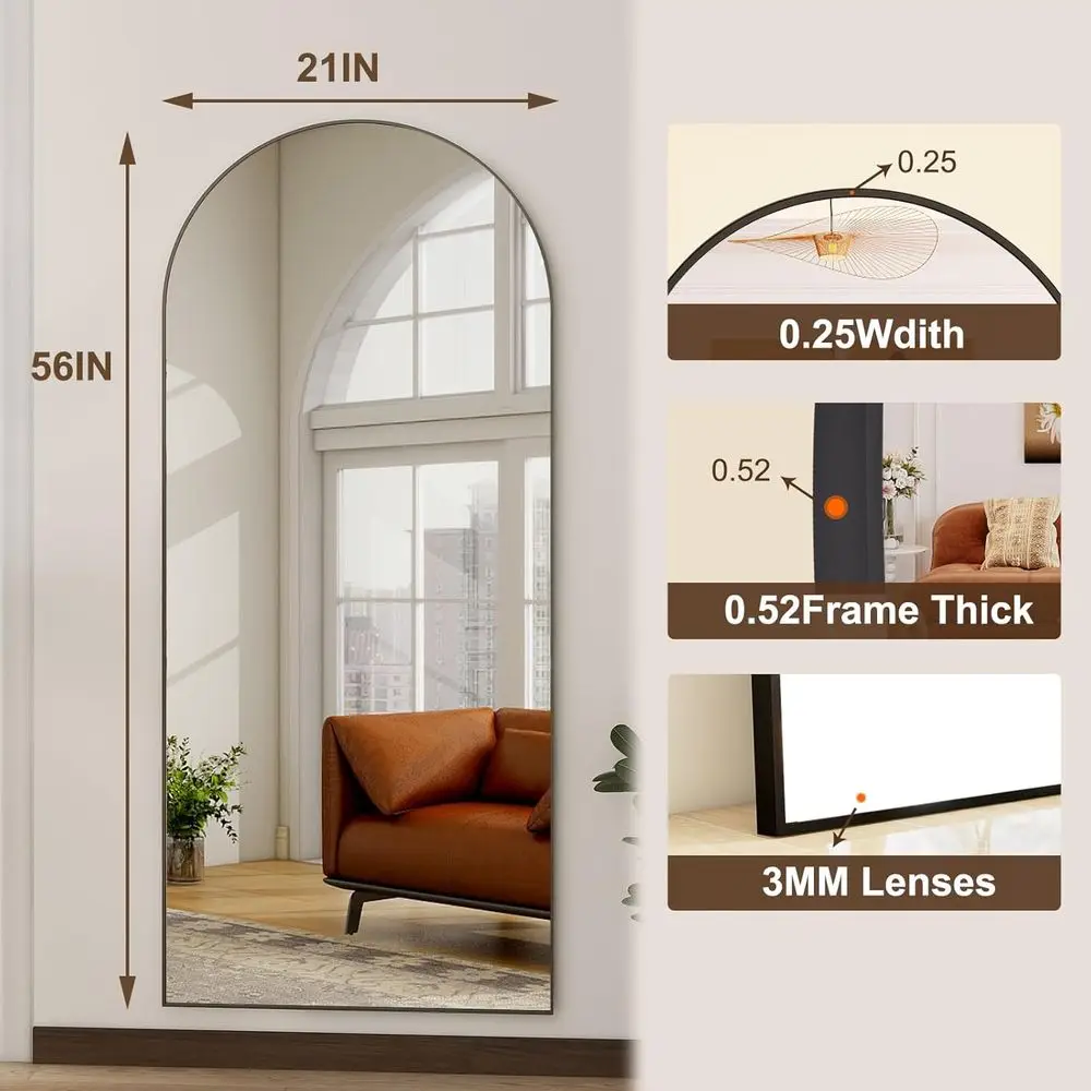 Moderner Bodenspiegel mit schwarzem Aluminiumrahmen, freistehend, wandmontiert oder lehnend, 56 x 21, volle Länge, ideal für Schlafzimmer und Dre