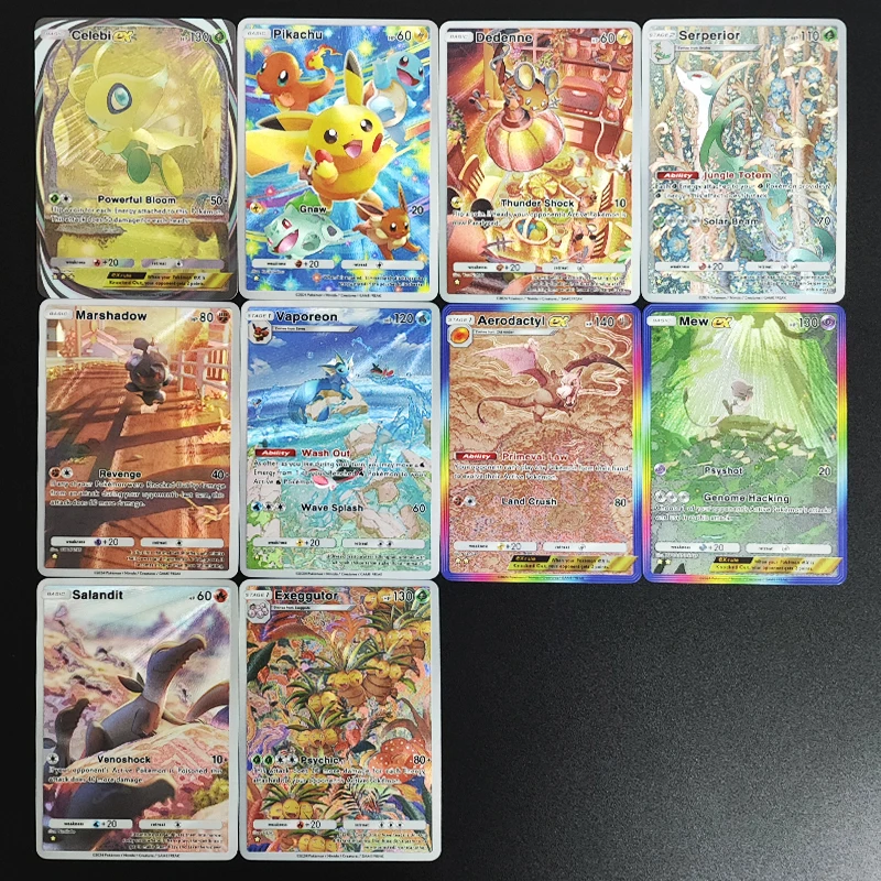 

10PCS/Set DIY PTCG Pocket English Mew Aerodactyl Vaporeon Serperior Exeggutor Dedenne Pikachu Hobby Collection Flash Card Toy